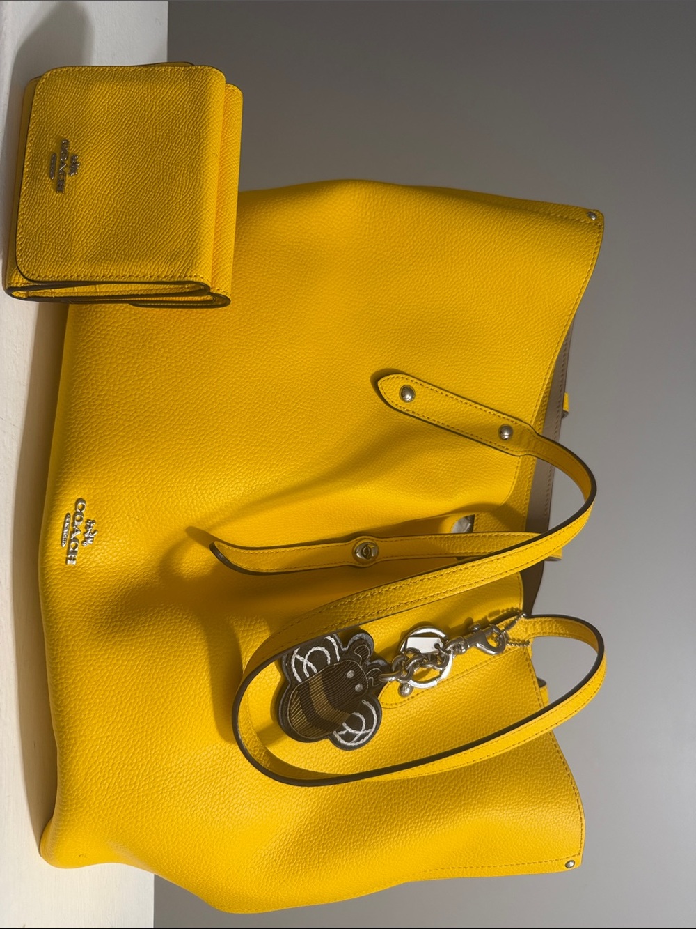 Coach Yellow Pebbled Leather Tote with Wallet and Charm